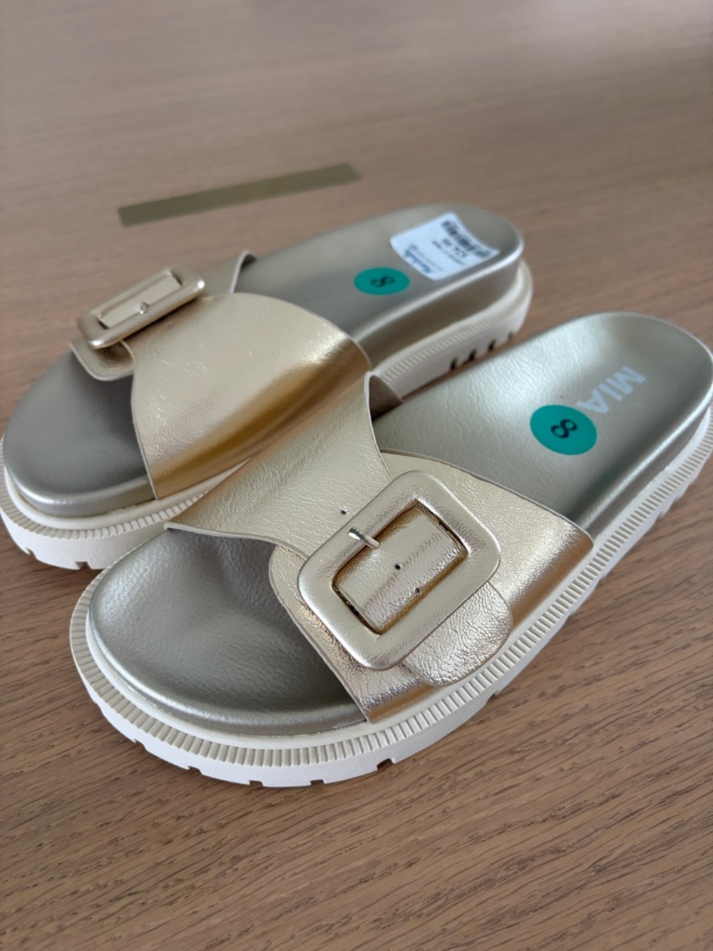 MIA Metallic Gold Slide Sandals with Buckle Accent - Women - Size 8